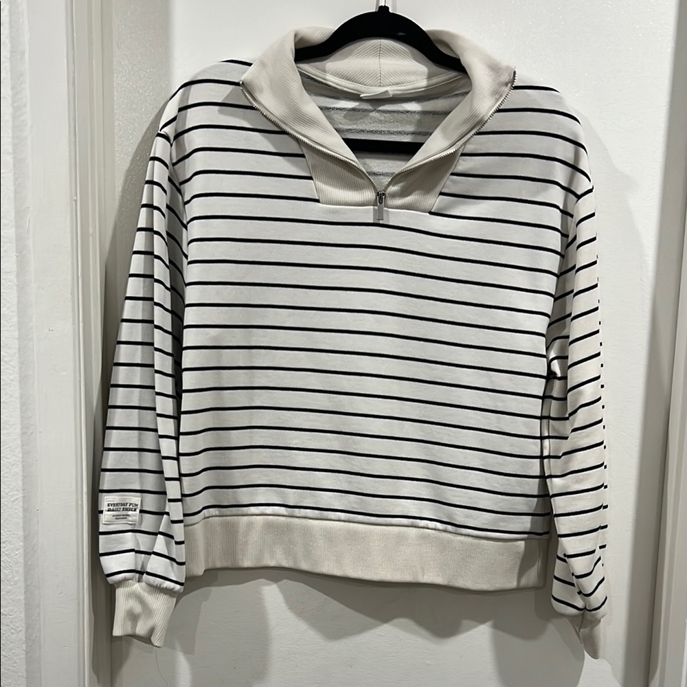 Zara Striped White and Black Quarter-Zip light knit Sweatshirt